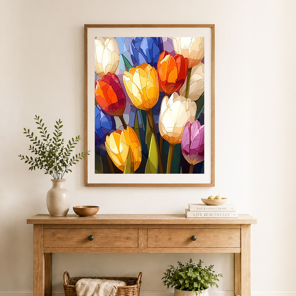 Finished stained‑glass tulips cross stitch artwork displayed as home decor