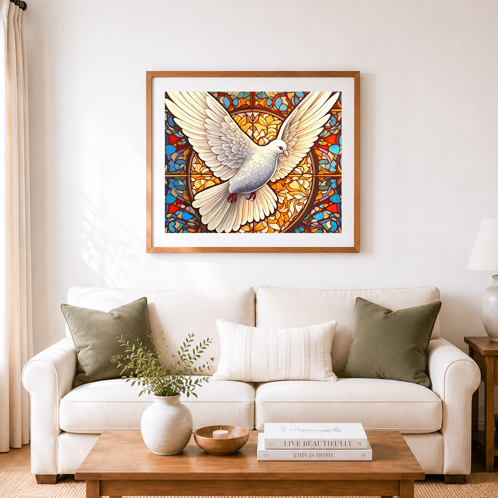 Finished stained glass white dove cross stitch artwork displayed as home decor