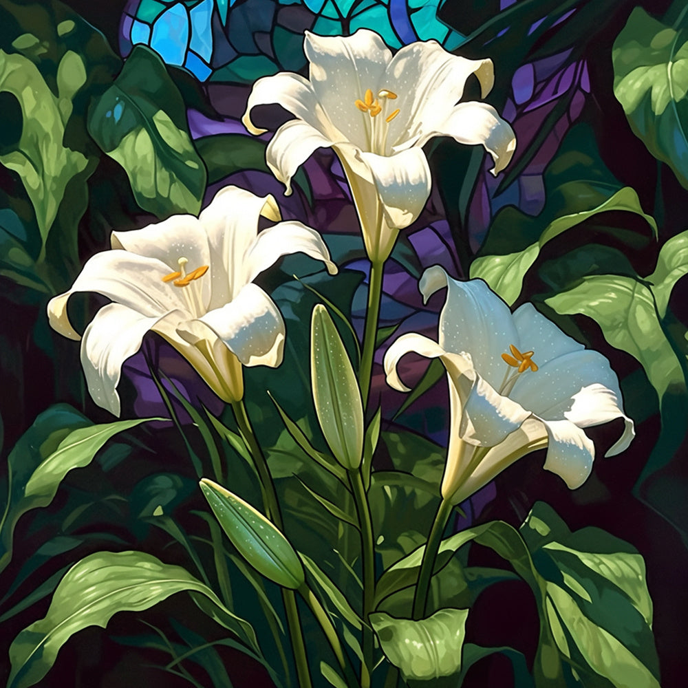 Stained glass white lilies cross stitch kit for beginners