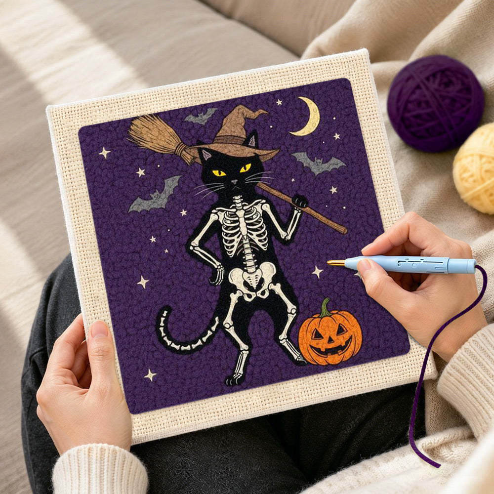 Creating handmade standing skeleton cat punch needle artwork