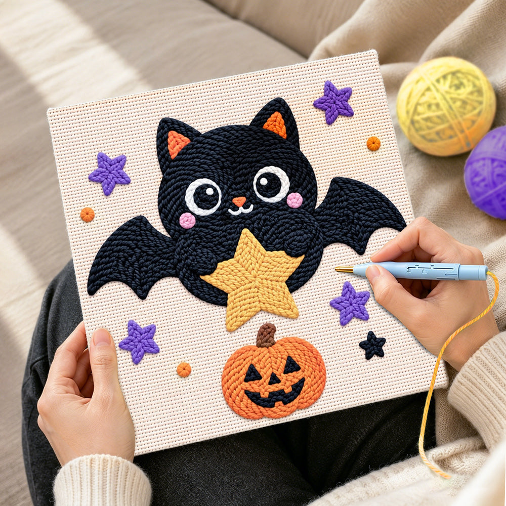 Creating handmade star‑holding bat punch needle artwork