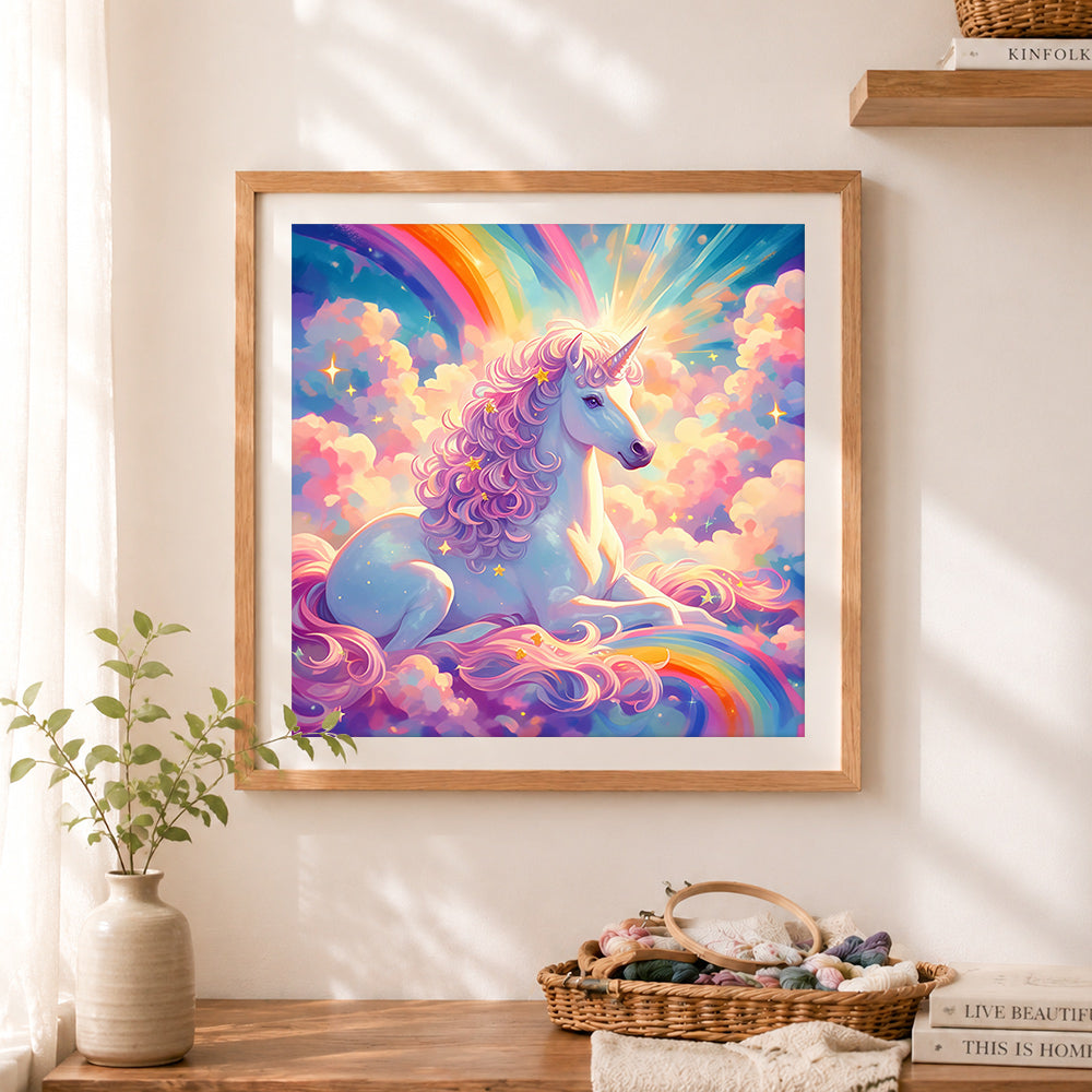 Finished star rainbow unicorn cross stitch artwork displayed as home decor