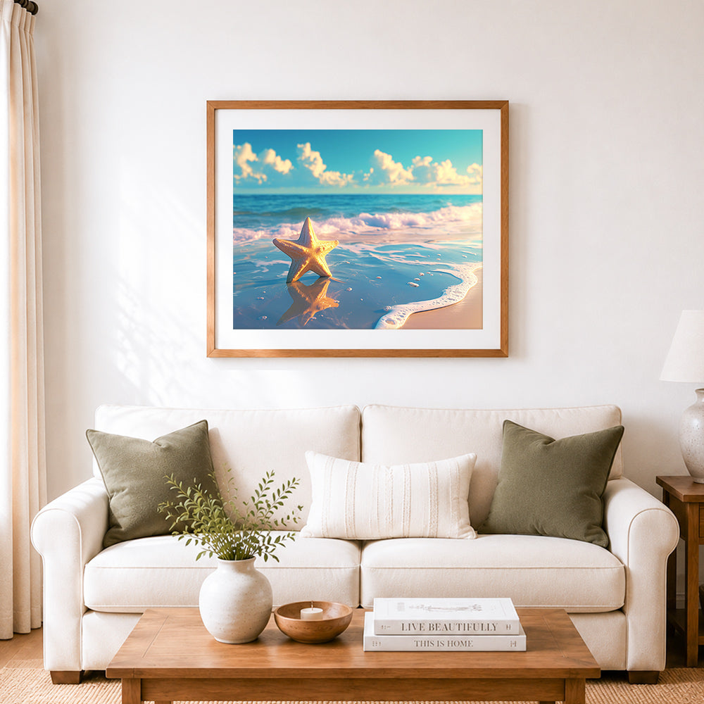 Finished starfish on sandy shore cross stitch artwork displayed as home decor