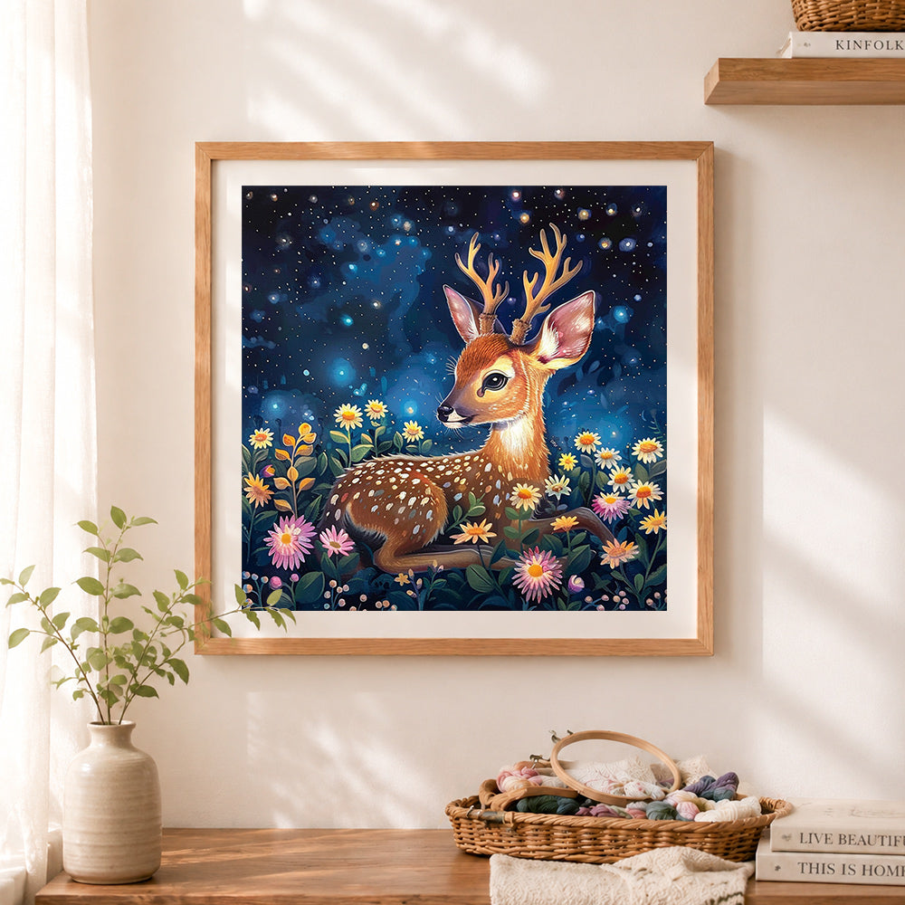Finished starlit flower deer cross stitch artwork displayed as home decor