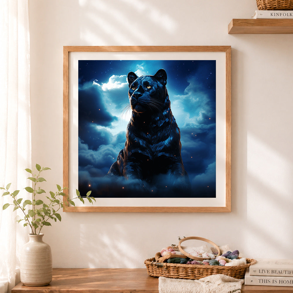 Finished starry black panther cross stitch artwork displayed as home decor