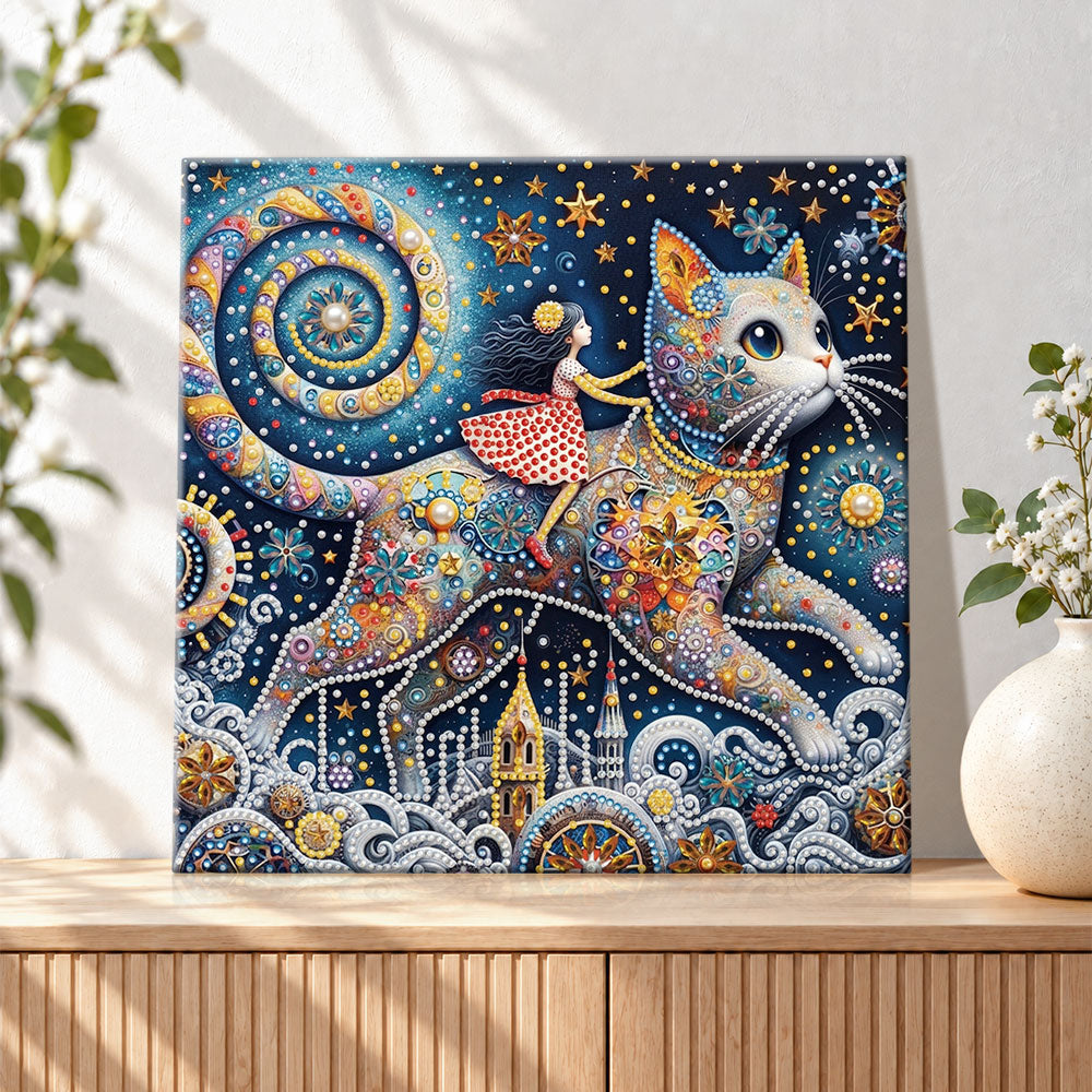 Finished starry cat and little girl pearl diamond painting artwork displayed as holiday home decor