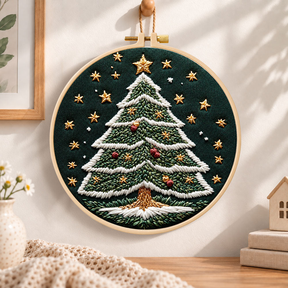 Starry christmas tree embroidery hoop wall art displayed as warm and cozy handmade home decor