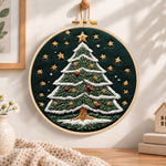 Starry christmas tree embroidery hoop wall art displayed as warm and cozy handmade home decor