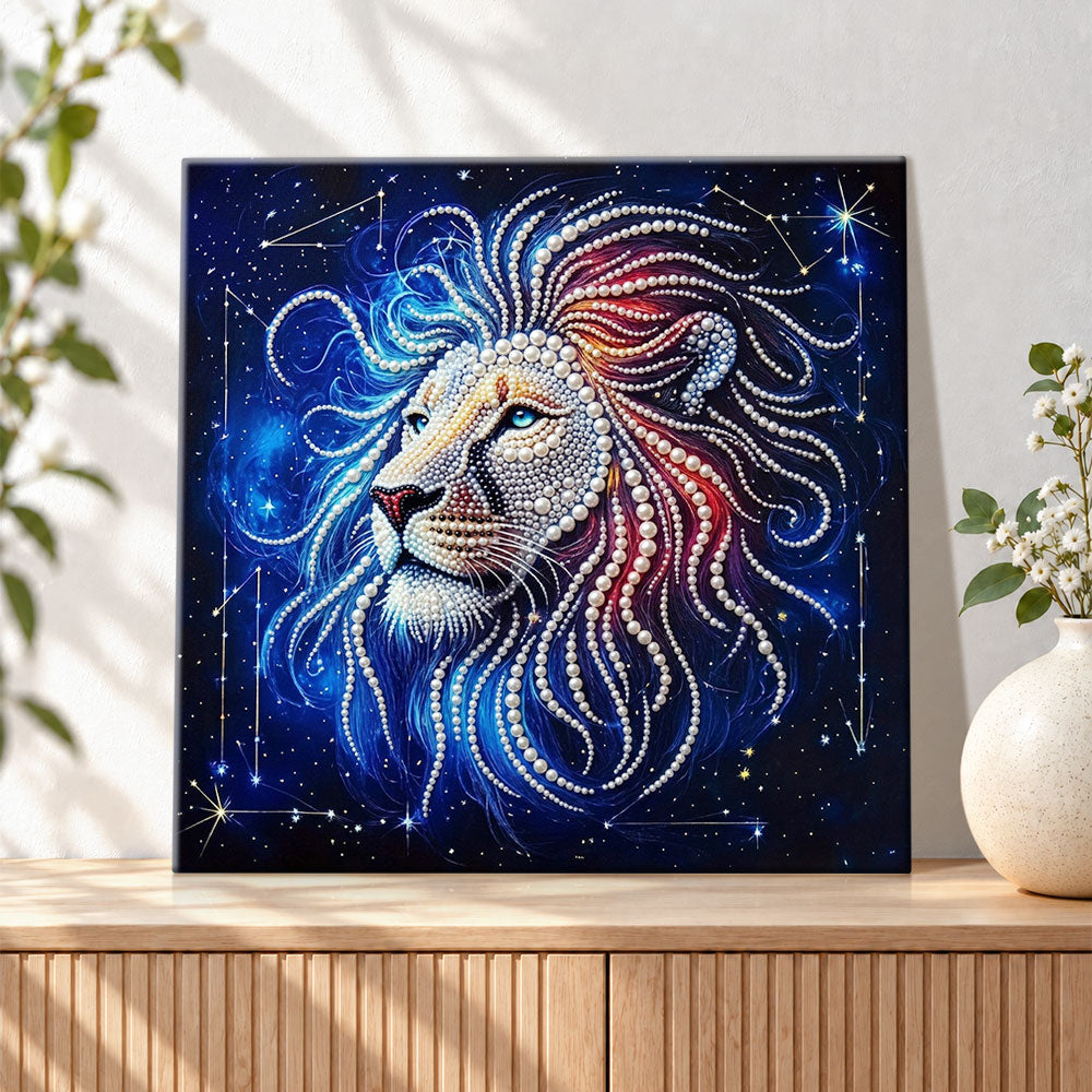 Finished starry constellation lion head pearl diamond painting artwork displayed as holiday home decor
