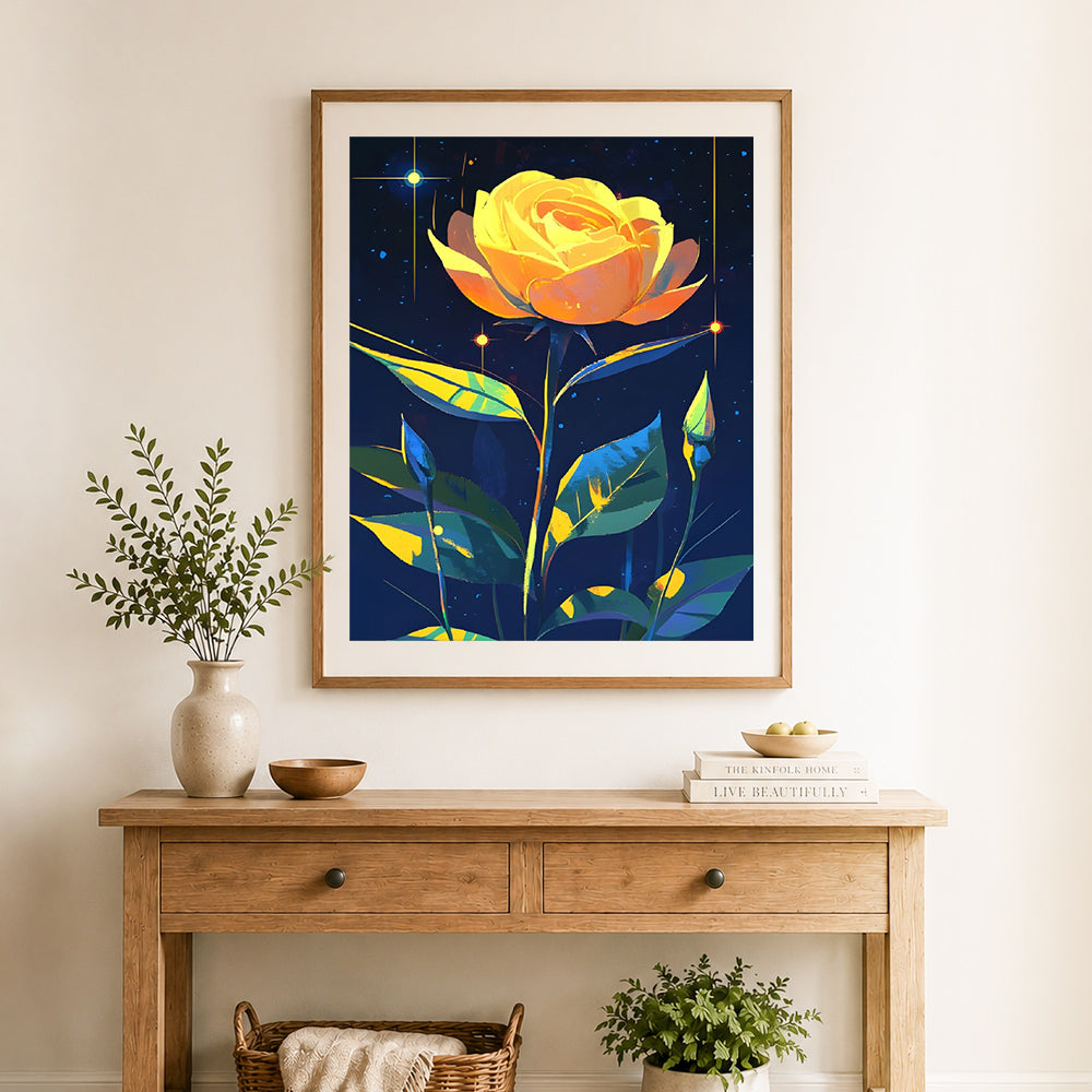 Finished starry glowing rose cross stitch artwork displayed as home decor