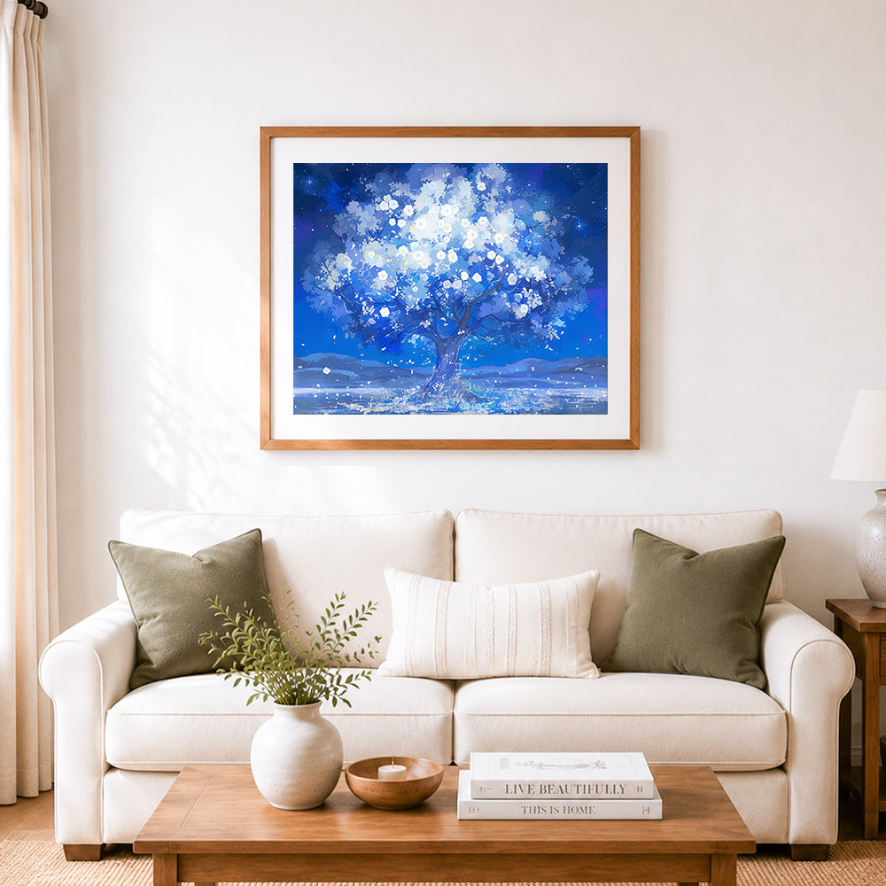 Finished starry glowing tree cross stitch artwork displayed as home decor
