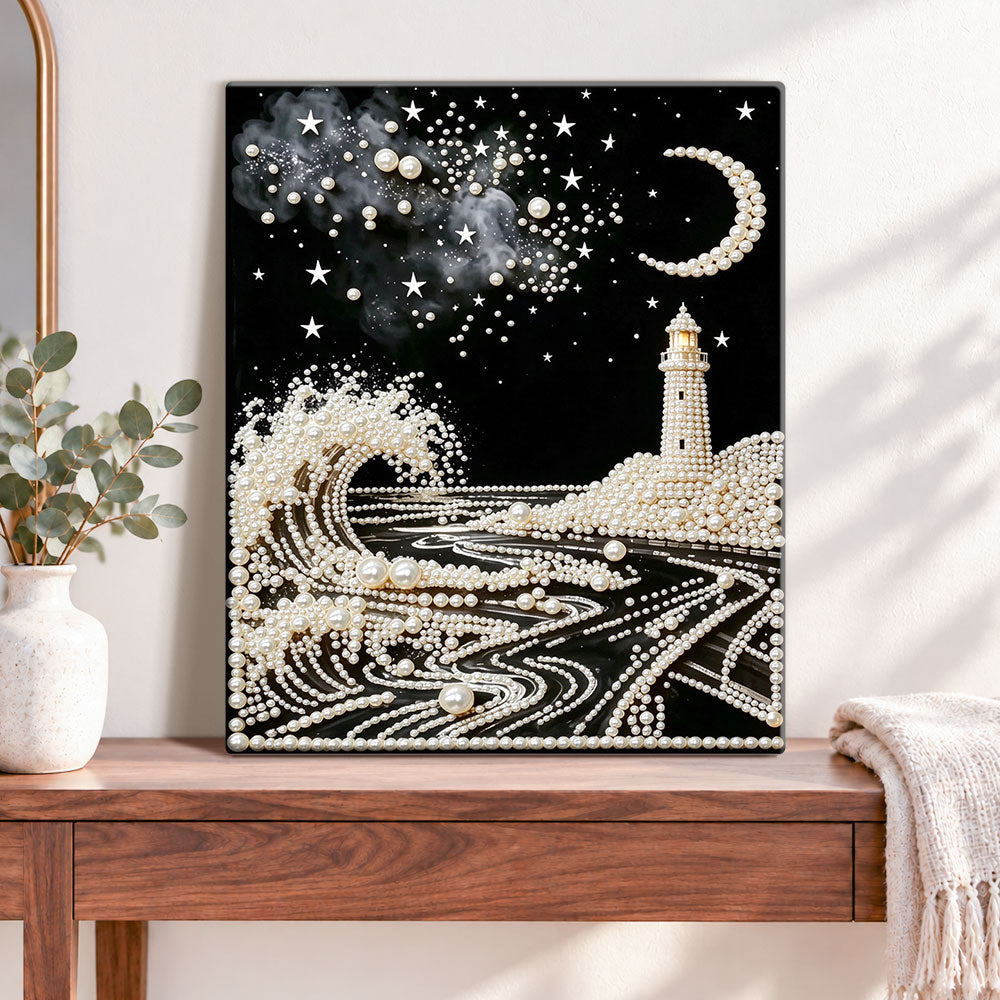 Finished starry lighthouse waves pearl diamond painting artwork displayed as home decor
