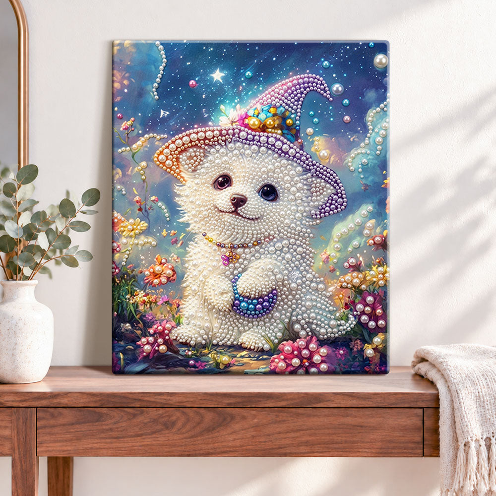 Finished starry magical pup pearl diamond painting artwork displayed as home decor