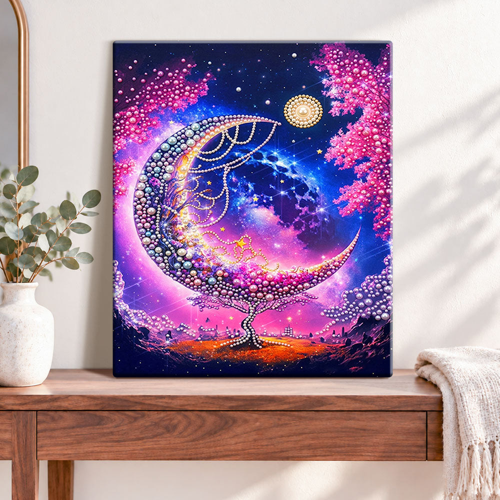 Finished starry moon tree pearl diamond painting artwork displayed as home decor
