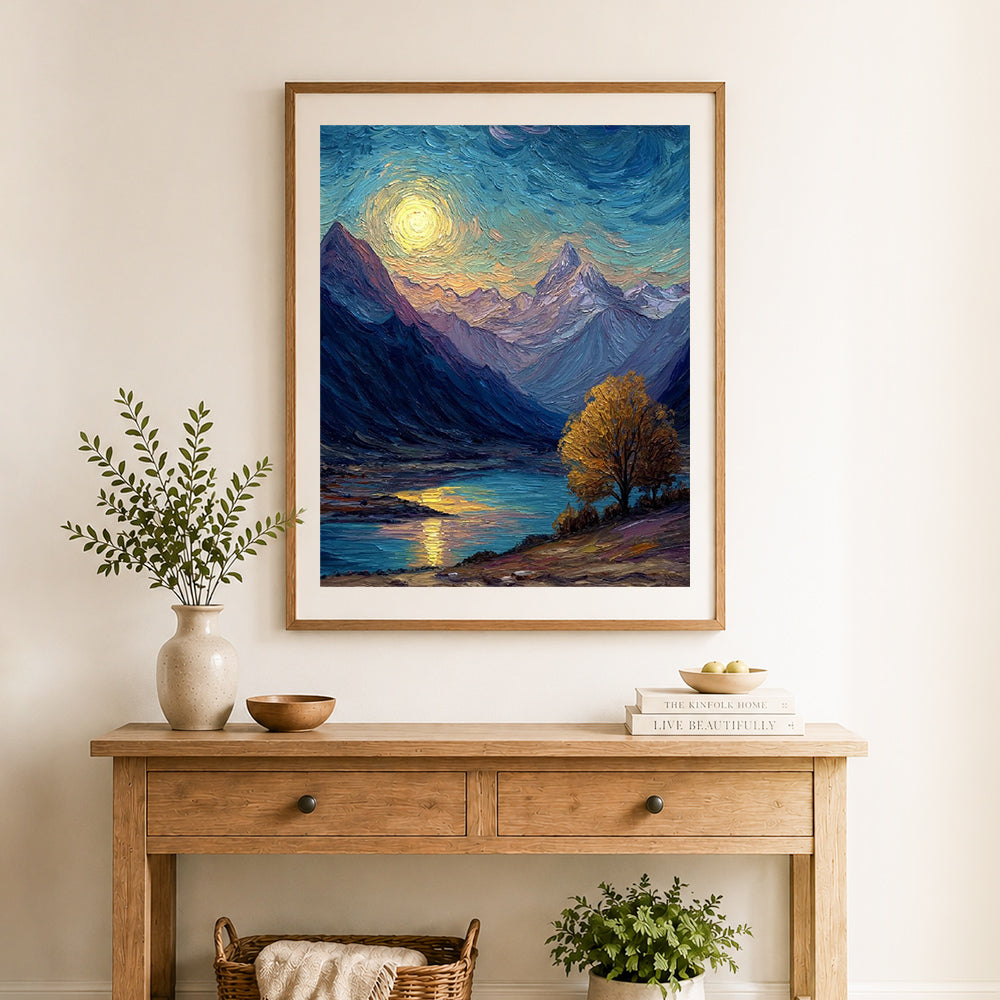 Finished starry mountain dream cross stitch artwork displayed as home decor