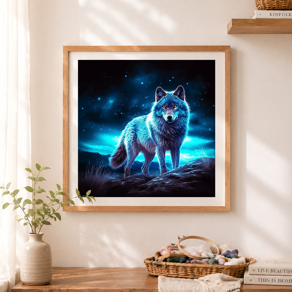 Finished starry neon wolf cross stitch artwork displayed as home decor