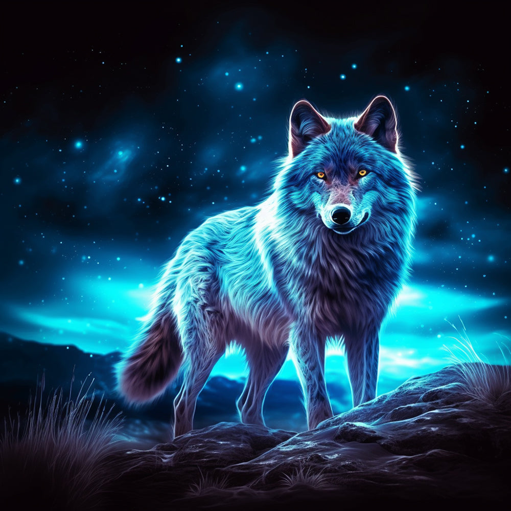 Starry neon wolf cross stitch kit for beginners