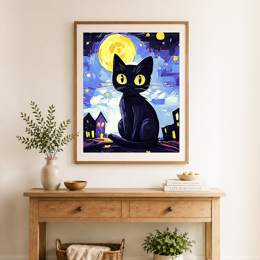 Finished starry night black cat cross stitch artwork displayed as home decor