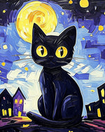 Starry night black cat paint by numbers kit for beginners