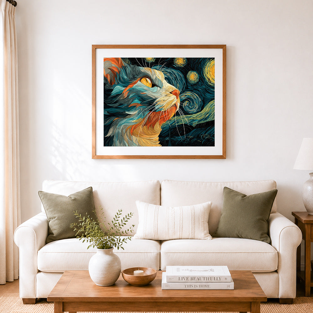 Finished starry night cat cross stitch artwork displayed as home decor