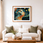 Finished starry night cat cross stitch artwork displayed as home decor