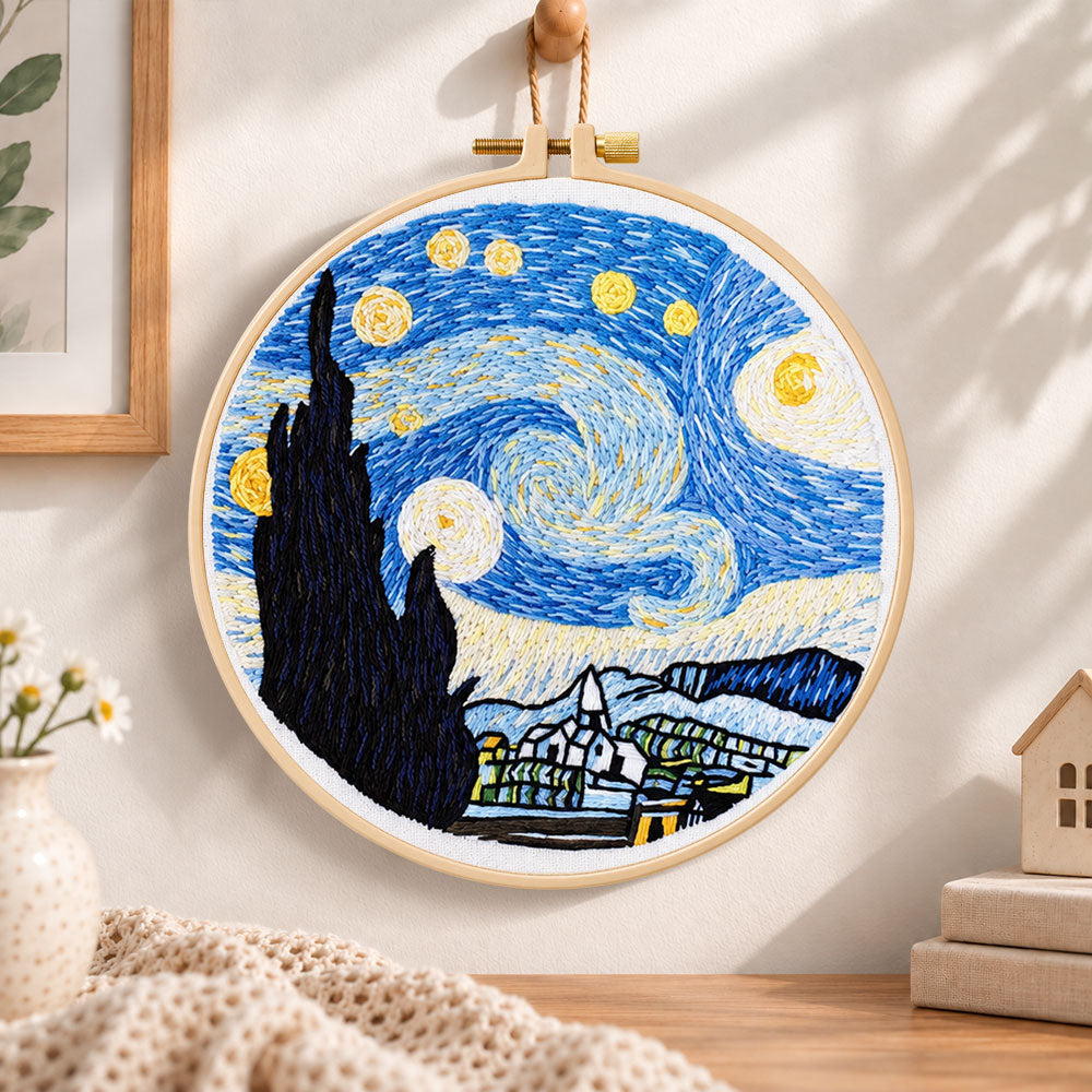 Starry night embroidery scene embroidery hoop wall art displayed as warm and cozy handmade home decor