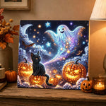 Finished starry night ghost and black cat pearl diamond painting artwork displayed as holiday home decor