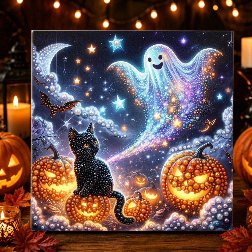 Starry night ghost and black cat pearl diamond painting kit for beginners