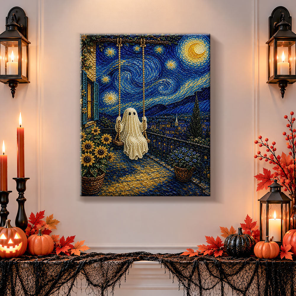 Finished starry night ghost on swing pearl diamond painting artwork displayed as holiday home decor