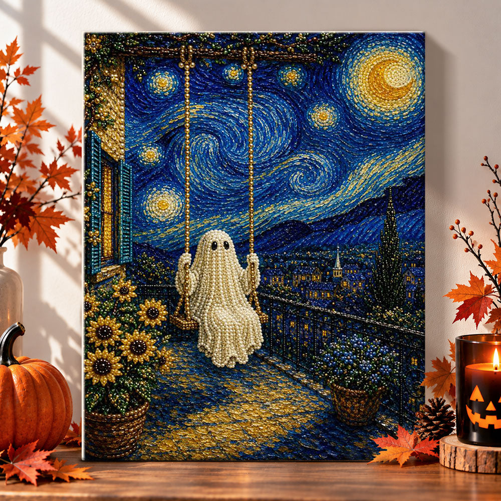 Starry night ghost on swing pearl diamond painting kit for beginners