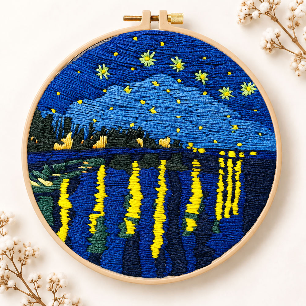 Starry night lakeside view embroidery kit