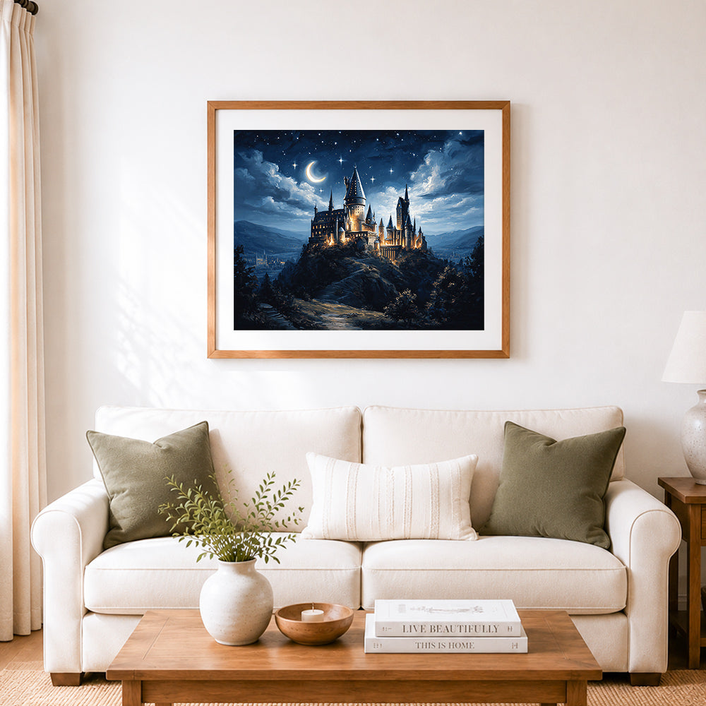 Finished starry night magic castle cross stitch artwork displayed as home decor