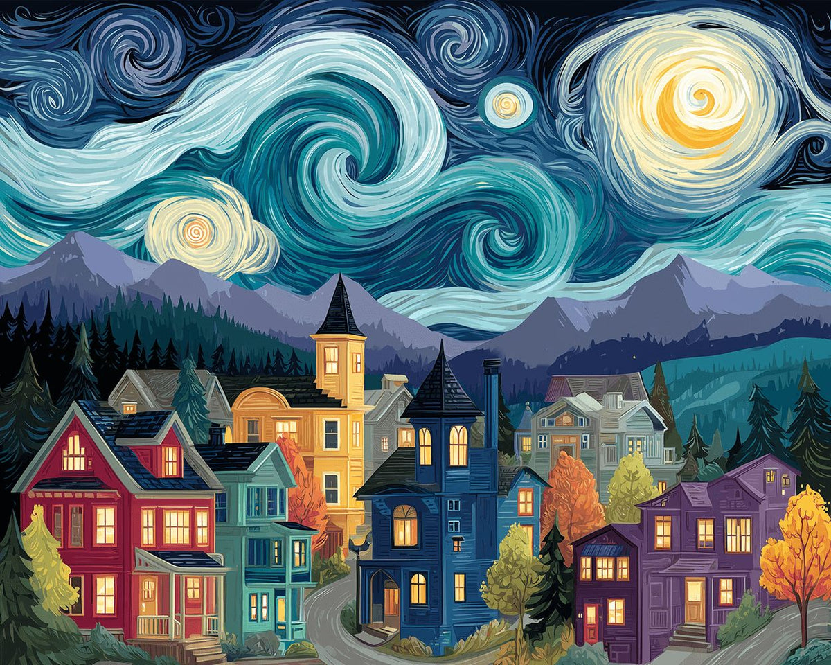 Starry night mountain town cross stitch kit for beginners