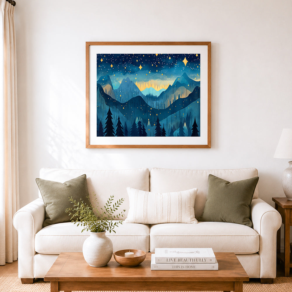 Finished starry night mountainscape cross stitch artwork displayed as home decor