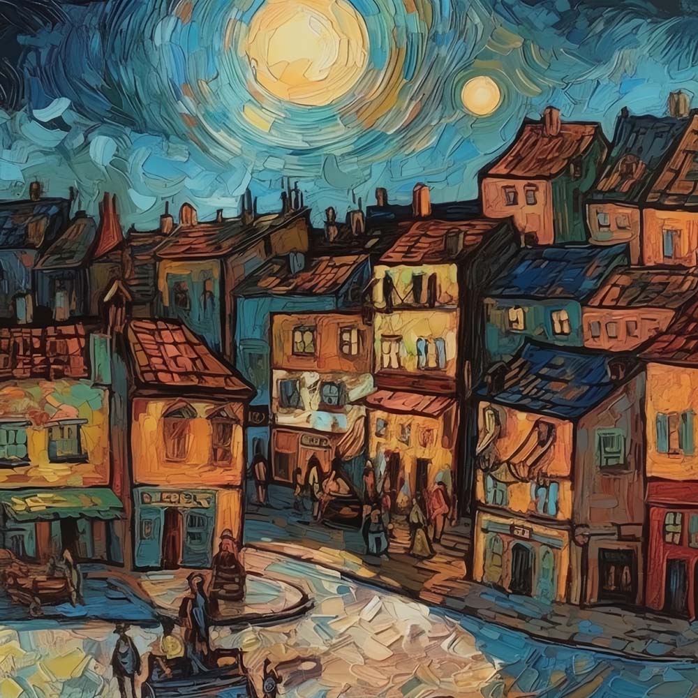 Starry night old town street art cross stitch kit for beginners