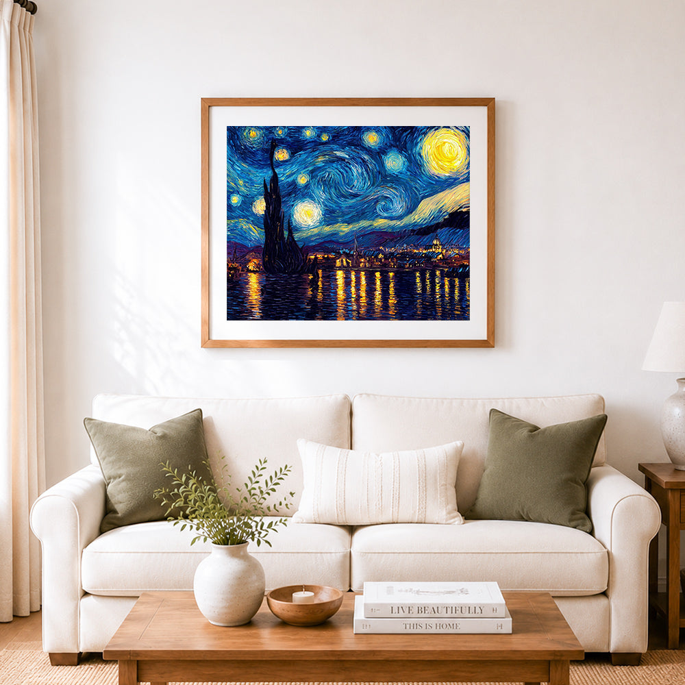 Finished starry night over water cross stitch artwork displayed as home decor 