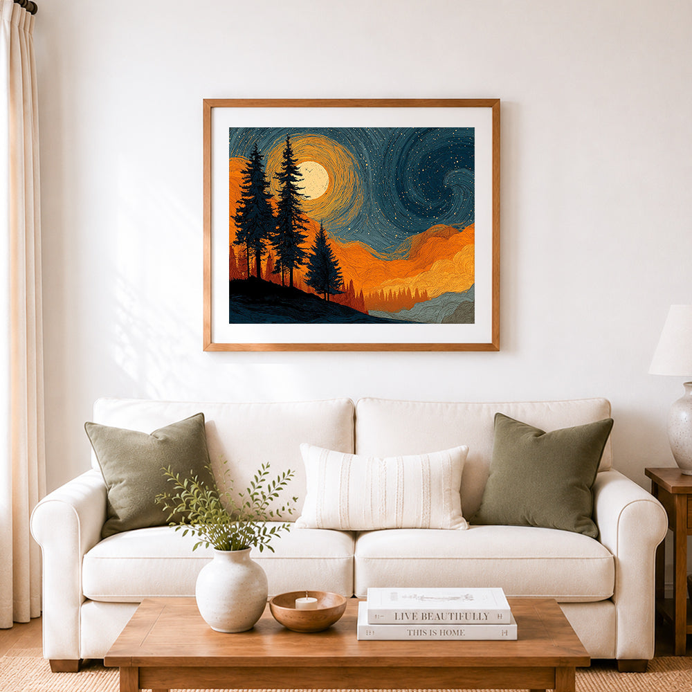 Finished starry night pine forest cross stitch artwork displayed as home decor
