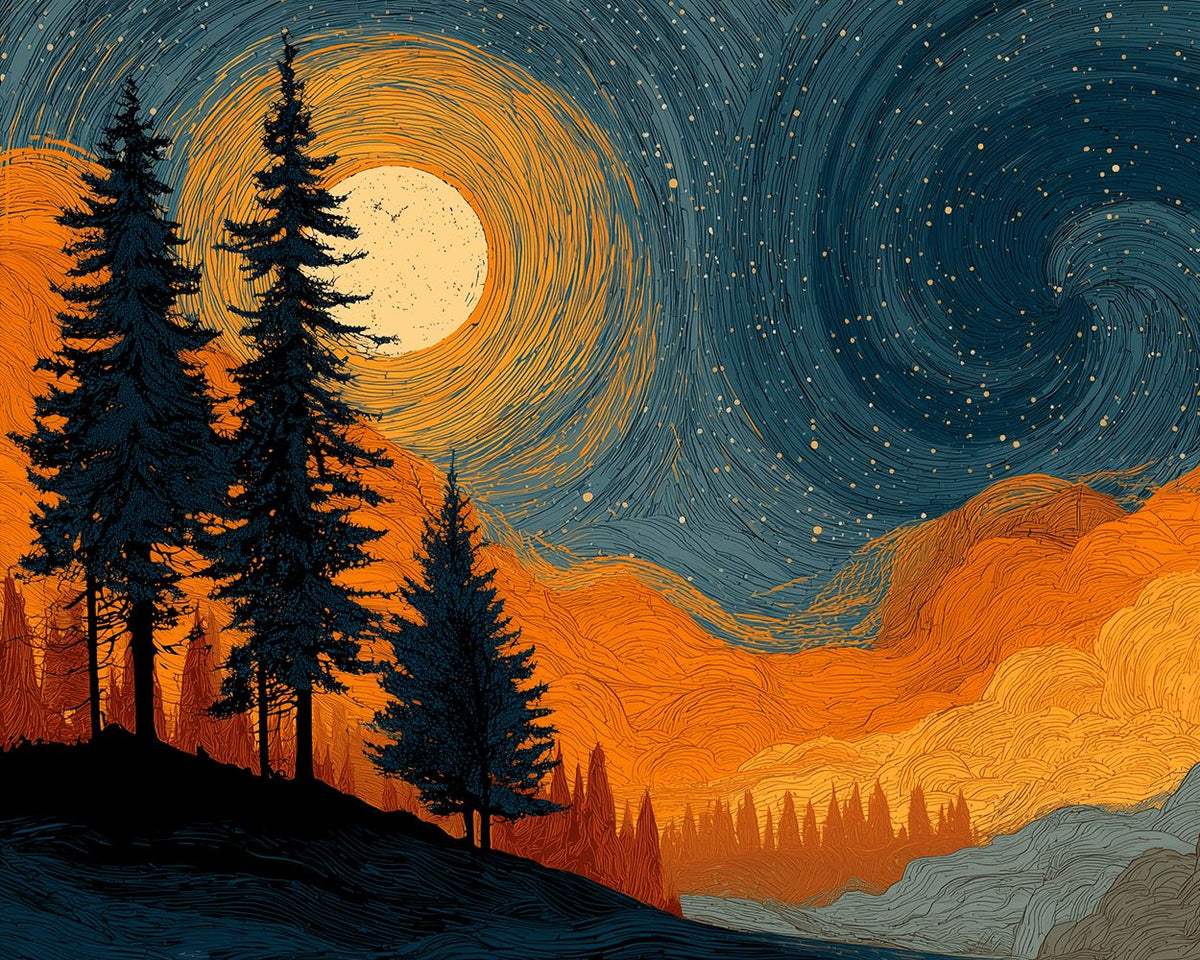 Starry night pine forest cross stitch kit for beginners