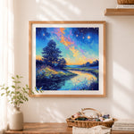 Finished starry night river landscape cross stitch artwork displayed as home decor
