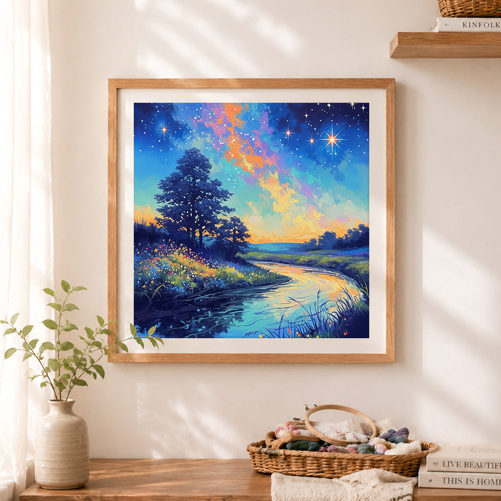 Finished starry night river landscape cross stitch artwork displayed as home decor