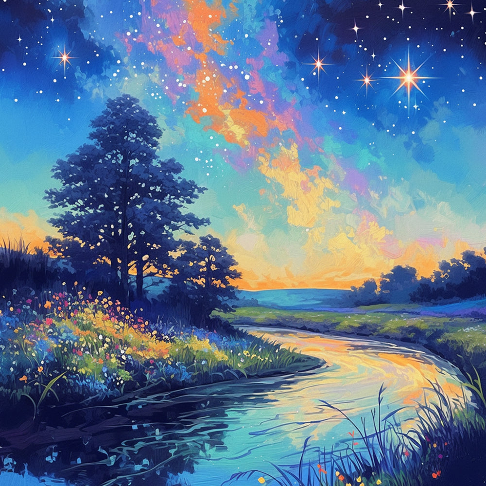 Starry night river landscape cross stitch kit for beginners