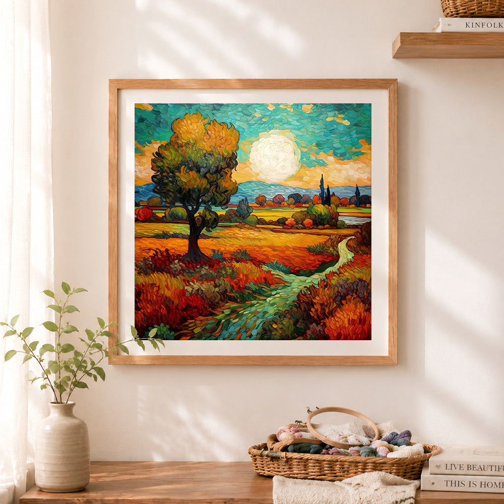 Finished starry night style autumn tree cross stitch artwork displayed as home decor
