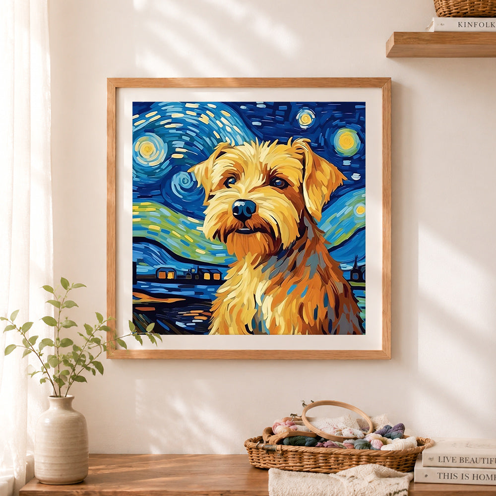 Finished starry night terrier cross stitch artwork displayed as home decor