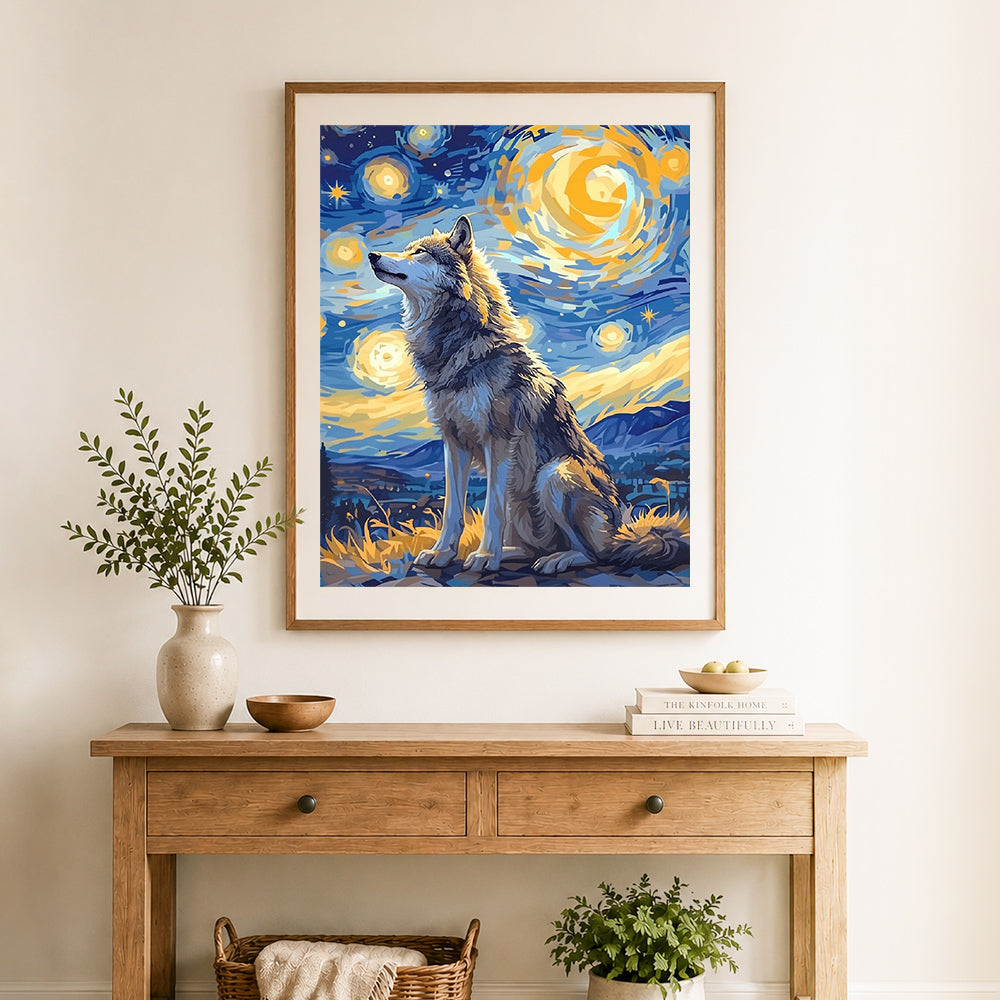 Finished starry night wolf portrait cross stitch artwork displayed as home decor