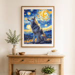 Finished starry night wolf portrait cross stitch artwork displayed as home decor