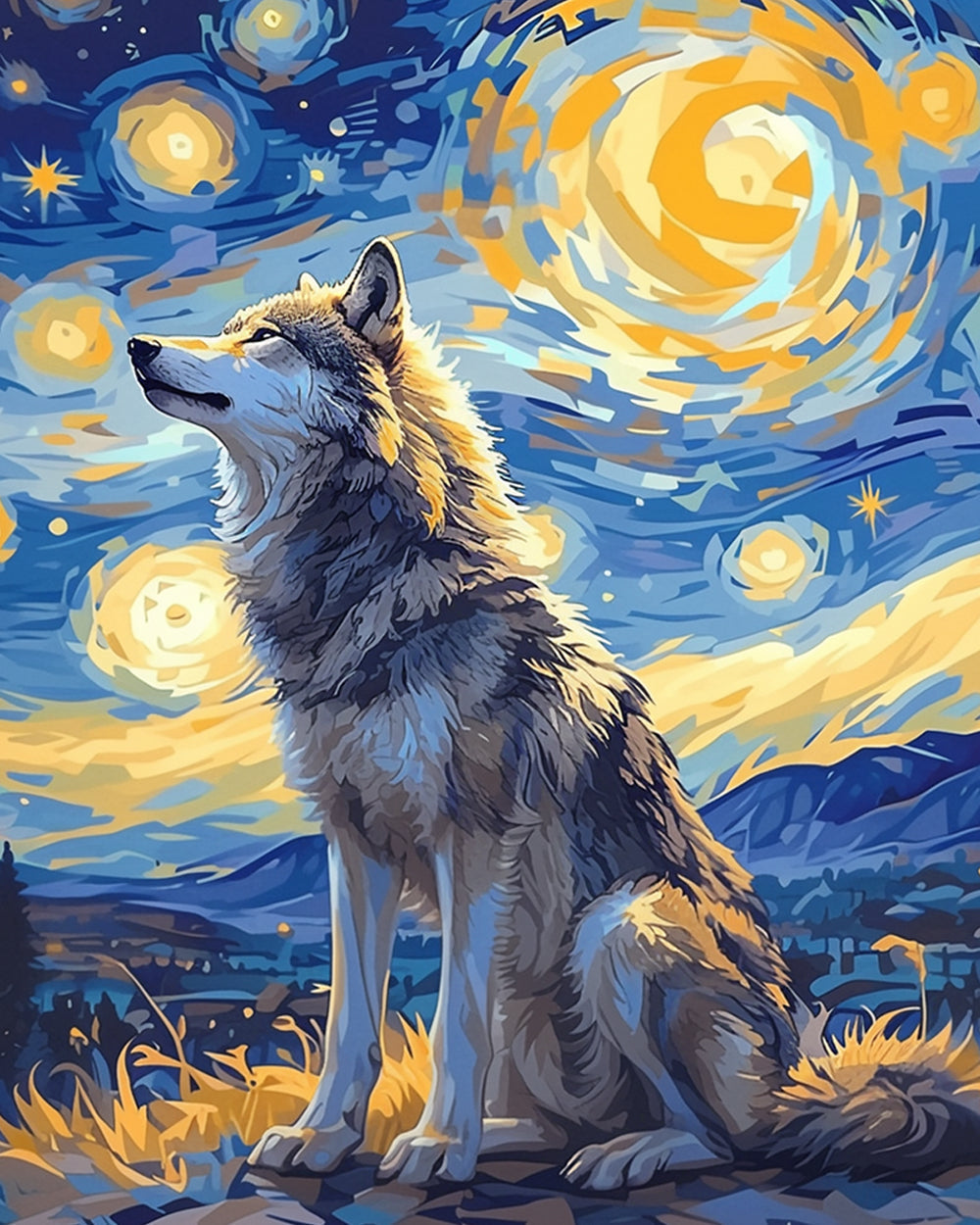 Starry night wolf portrait cross stitch kit for beginners