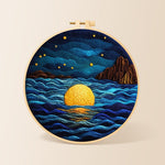 Starry ocean and golden full moon needle felting kit for beginners with a round wooden frame