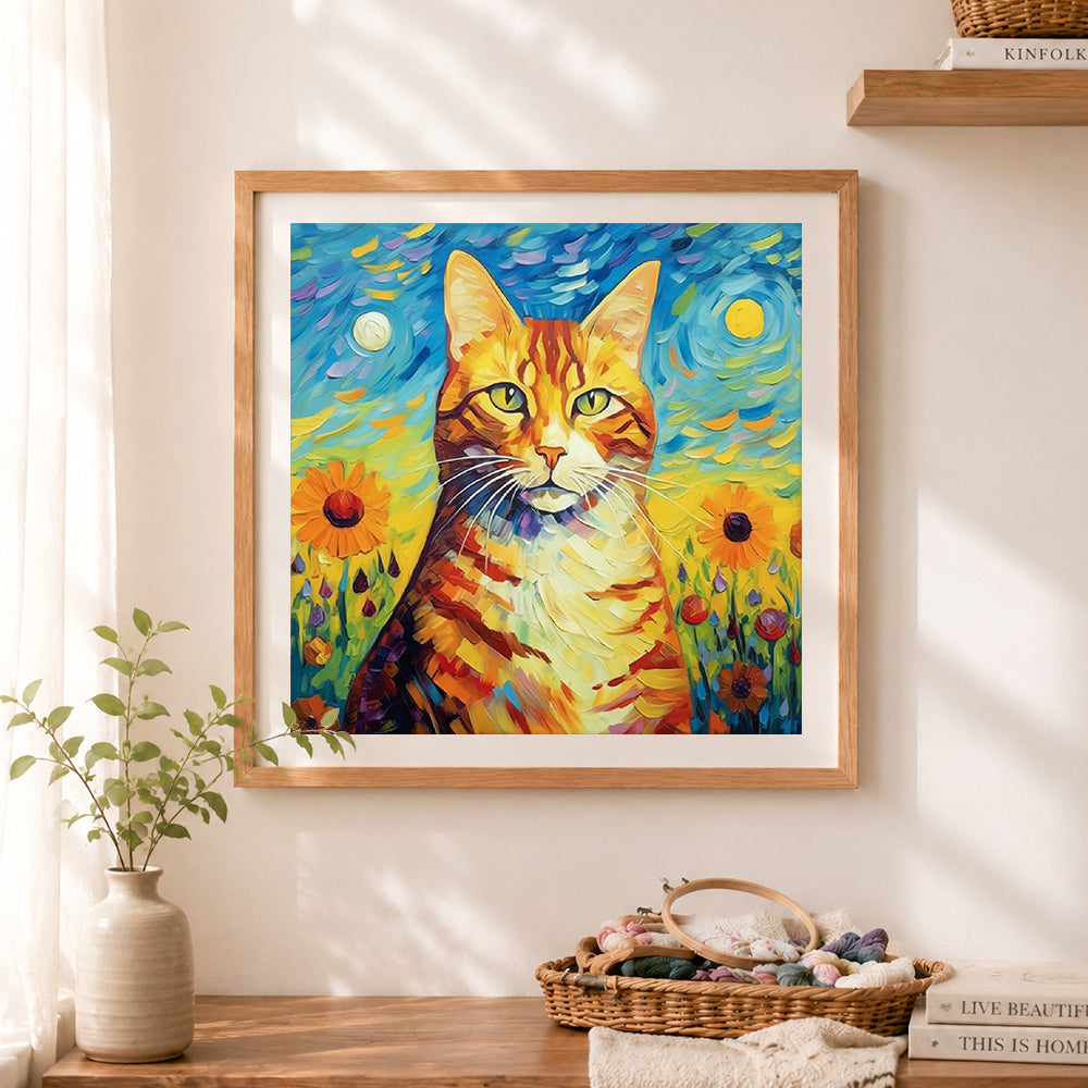 Finished starry sky art cat cross stitch artwork displayed as home decor