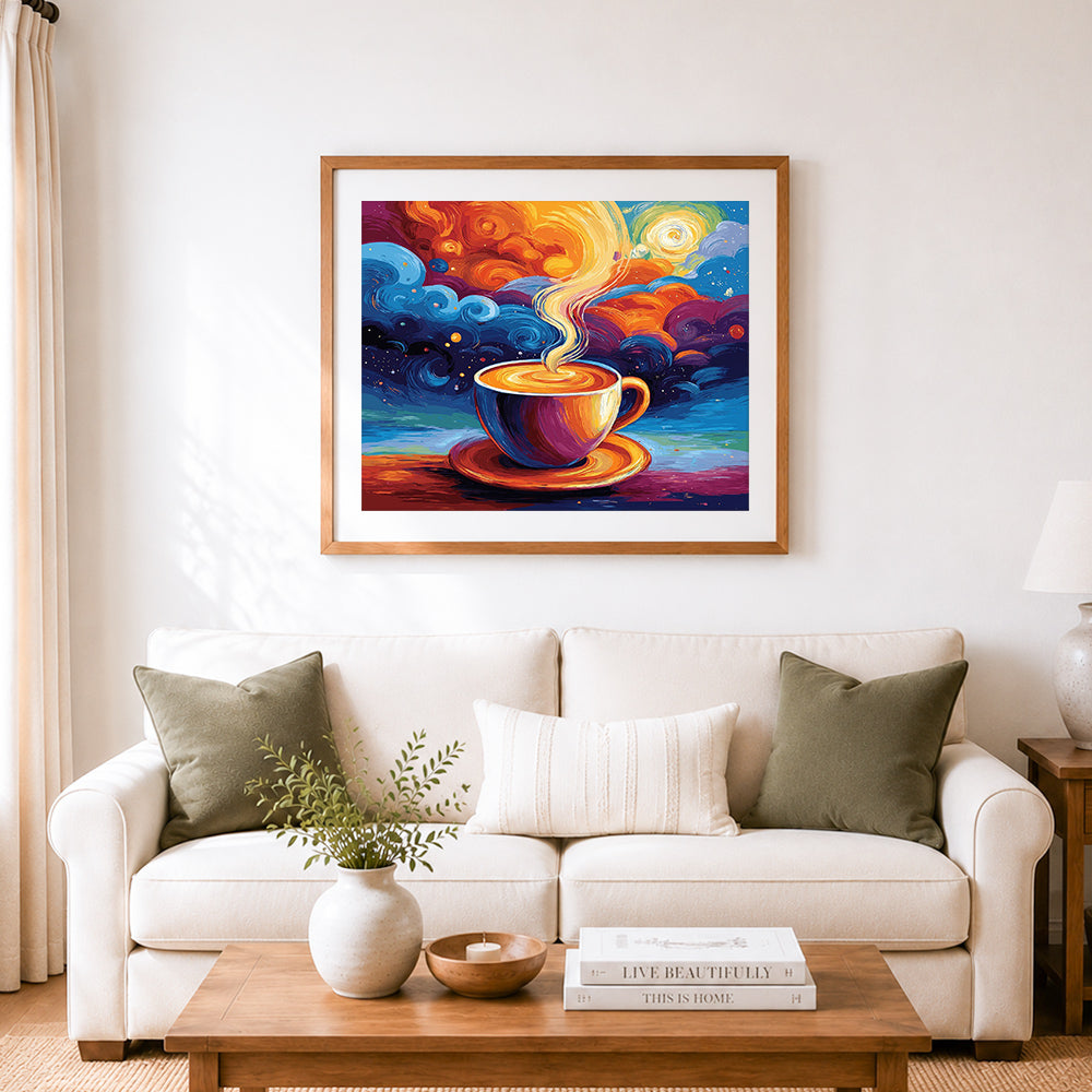 Finished starry sky coffee art cross stitch artwork displayed as home decor