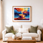 Finished starry sky coffee art cross stitch artwork displayed as home decor